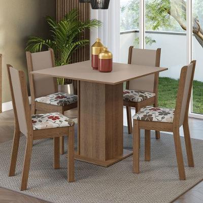 Conjunto de Jantar Alana 4 Lugares Tampo em MDP com Cadeiras Estofadas Hibiscos Rustic Crema Marrom