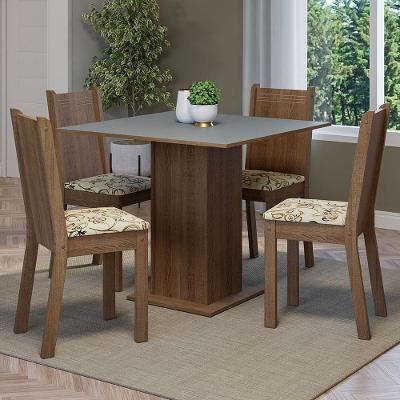 Conjunto de Jantar Samara 4 Lugares Tampo em MDP com Cadeiras Estofadas Floral Lírio Bege Marrom