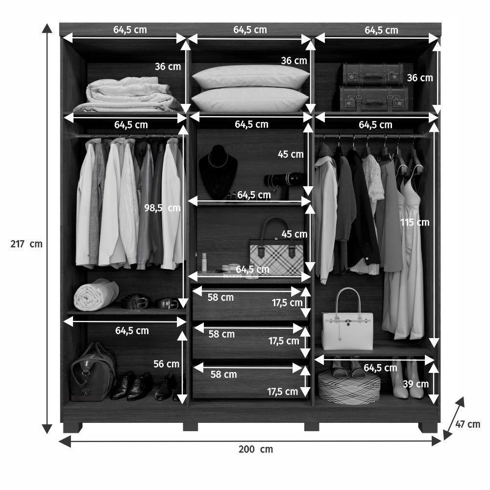 Guarda Roupa Milão 6 Portas 3 Gavetas 7 Prateleiras - Beneti Cinamomo Off - 6