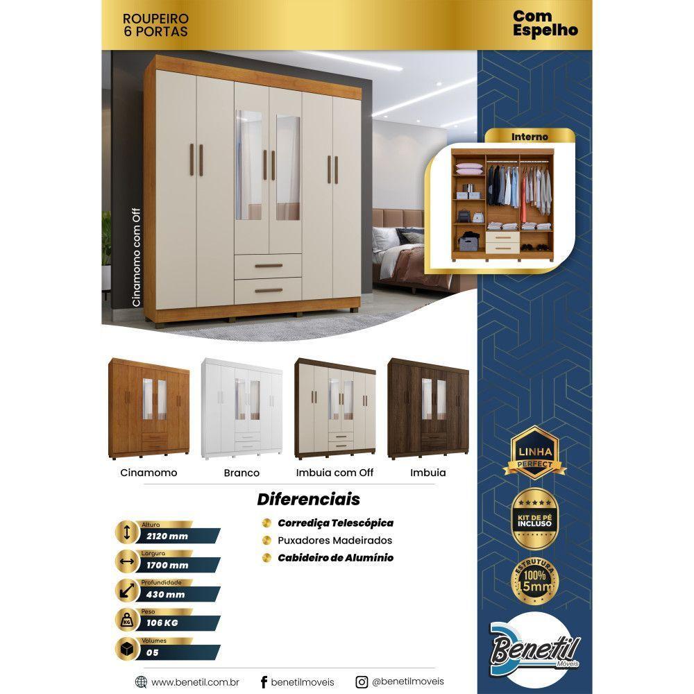 Guarda Roupa Leblon 6 Portas 2 Gavetas 7 Prateleiras Branco - 6