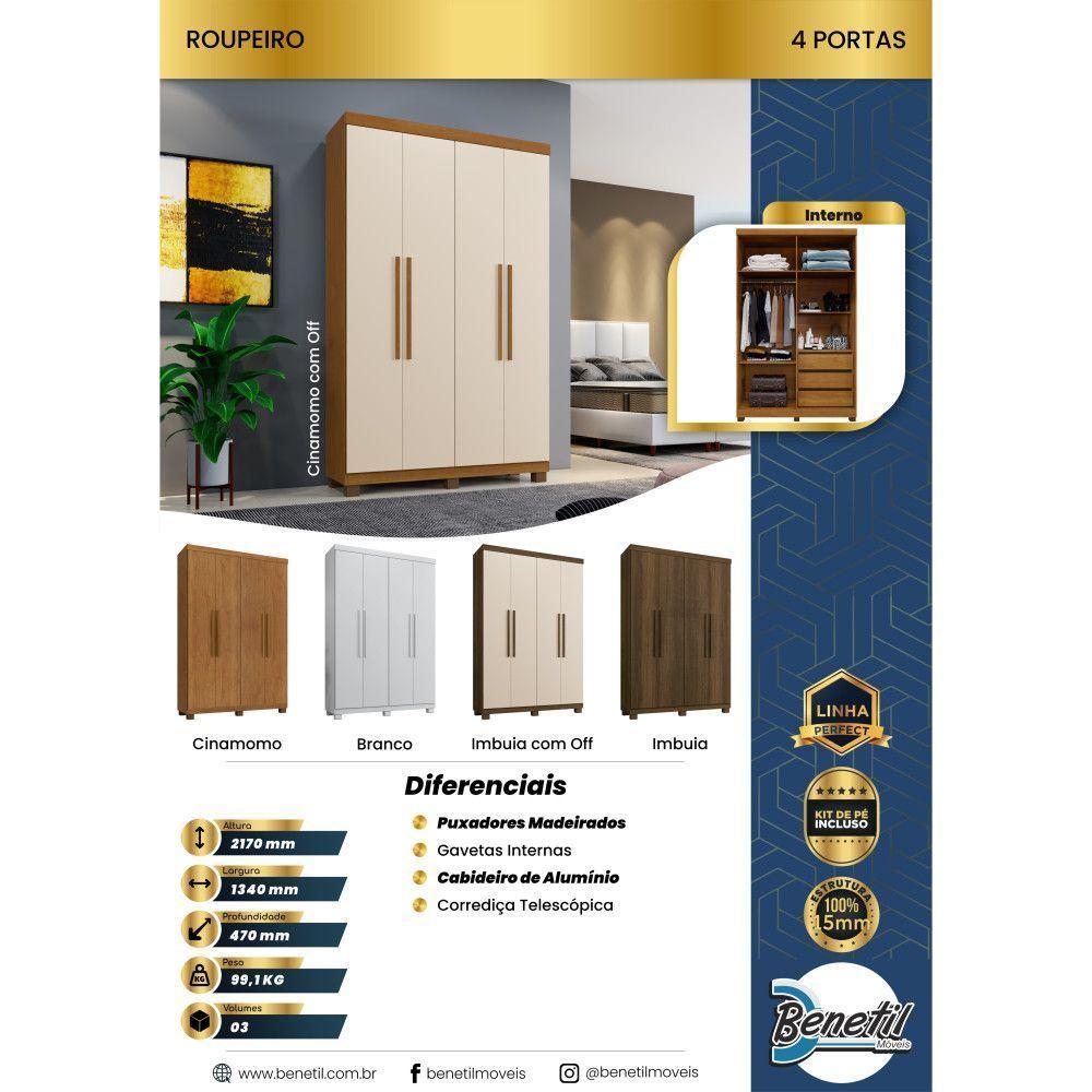 Guarda Roupa Itália 4 Portas 3 Gavetas 5 Prateleiras Cinamomo Off - 7