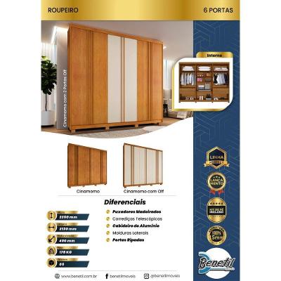 Guarda Roupa Lisboa 6 Portas Ripado 4 Gavetas 10 Prateleiras Cinamomo 2 Portas Off