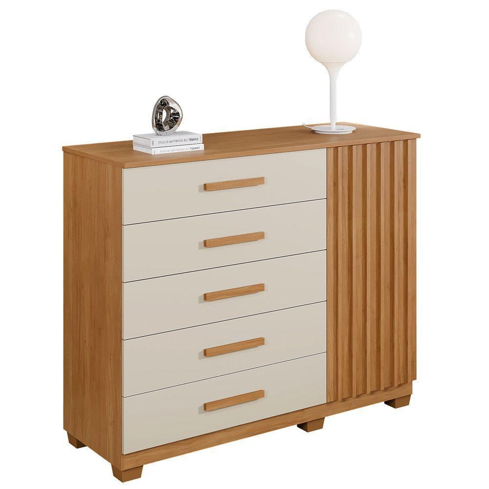 Cômoda França 5 Gavetas 1 Porta Ripada 2 Prateleiras Cinamomo Off - 1