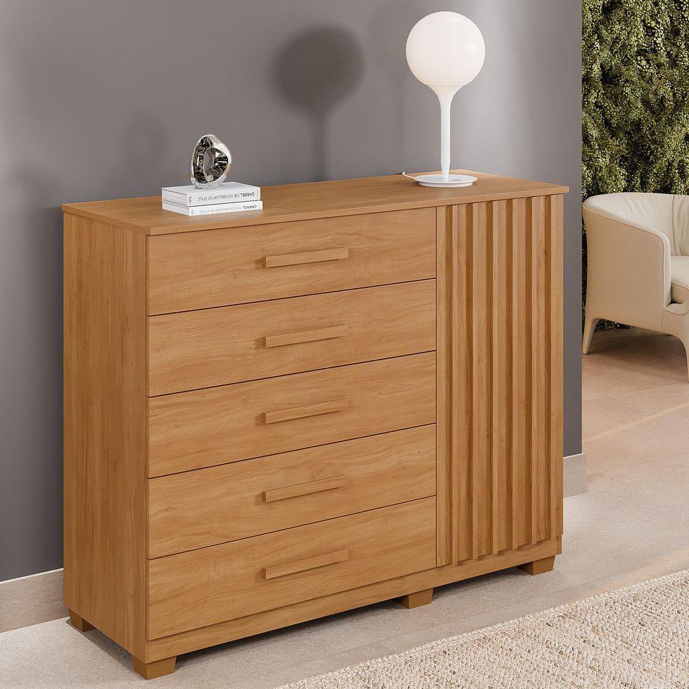 Cômoda França 5 Gavetas 1 Porta Ripada 2 Prateleiras Cinamomo - 2