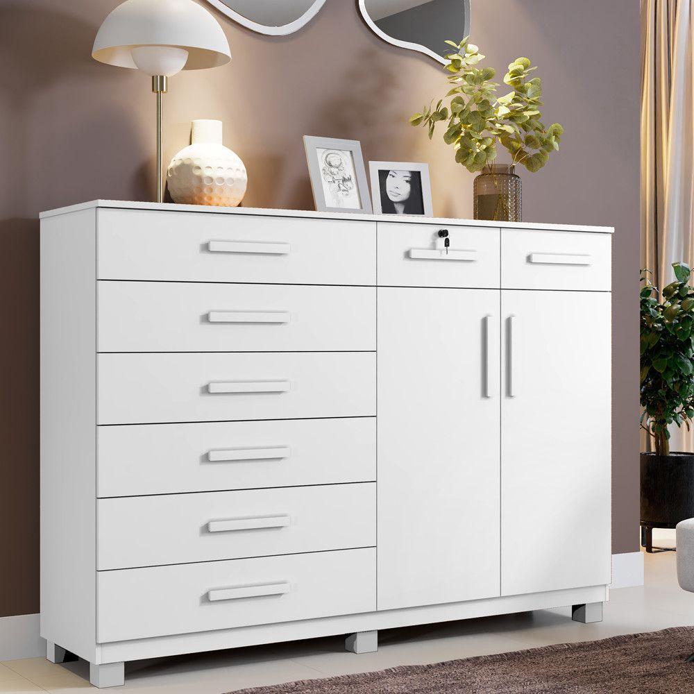 Cômoda Portugal 8 Gavetas 2 Portas 2 Prateleiras Branco - 2