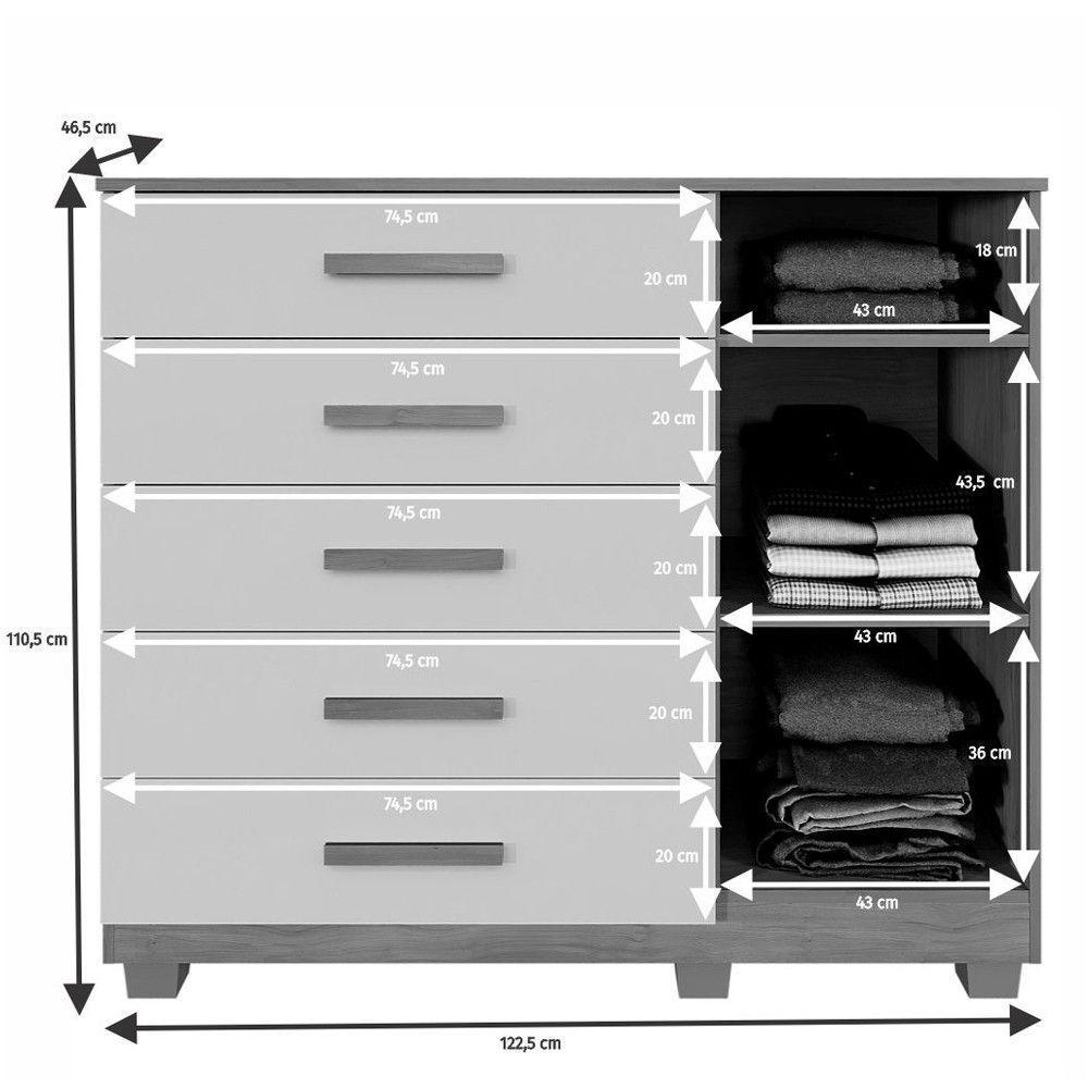 Cômoda Paris 5 Gavetas 1 Porta Ripada 2 Prateleiras Cinamomo Off - 4
