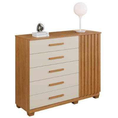 Cômoda Paris 5 Gavetas 1 Porta Ripada 2 Prateleiras Cinamomo Off