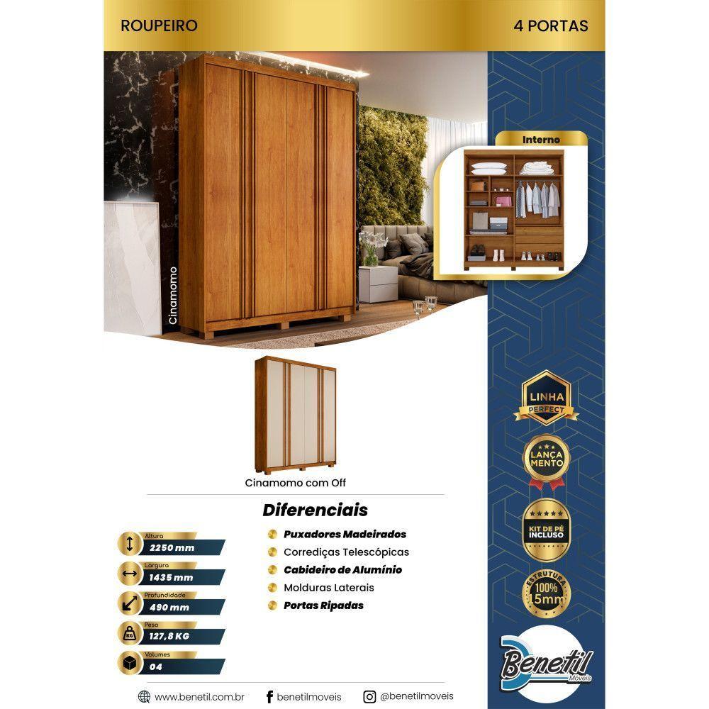 Guarda Roupa Lisboa 4 Portas Ripado 3 Gavetas 8 Prateleiras Cinamomo Off - 5