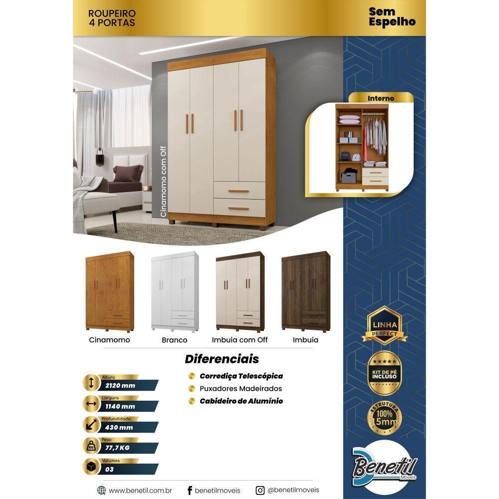 Guarda Roupa Leblon 4 Portas 2 Gavetas 5 Prateleiras - Benet Imbuia - 6