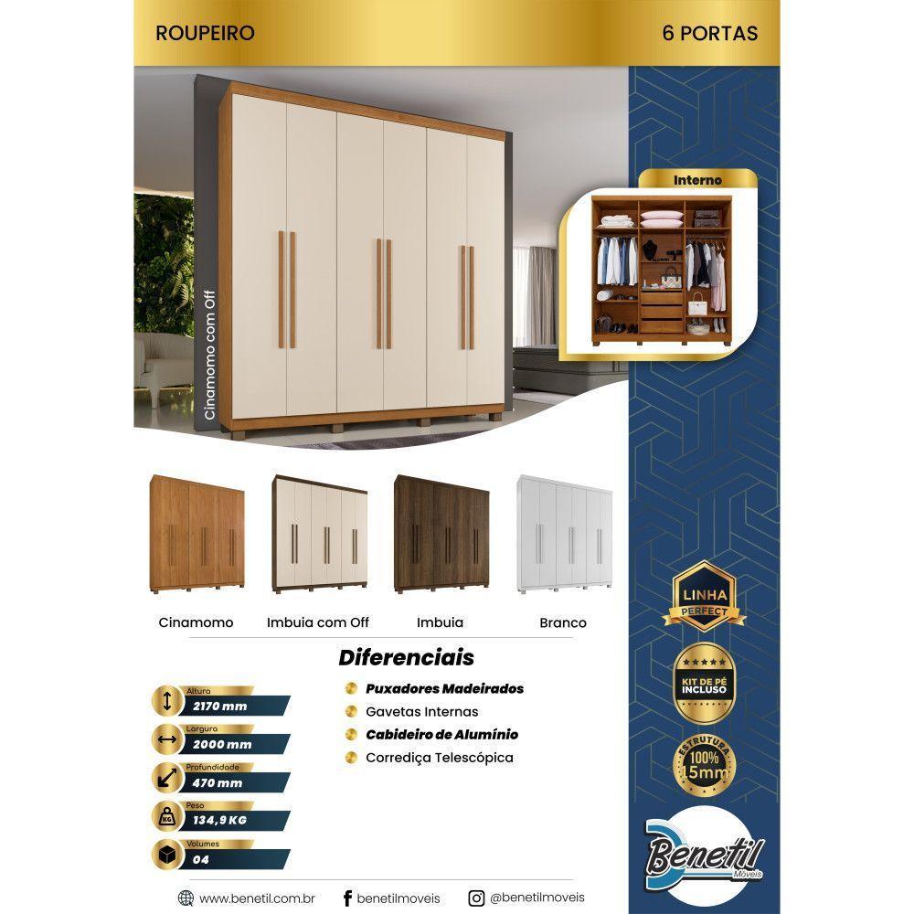 Guarda Roupa Milão 6 Portas 3 Gavetas 7 Prateleiras - Beneti Imbuia Off - 6