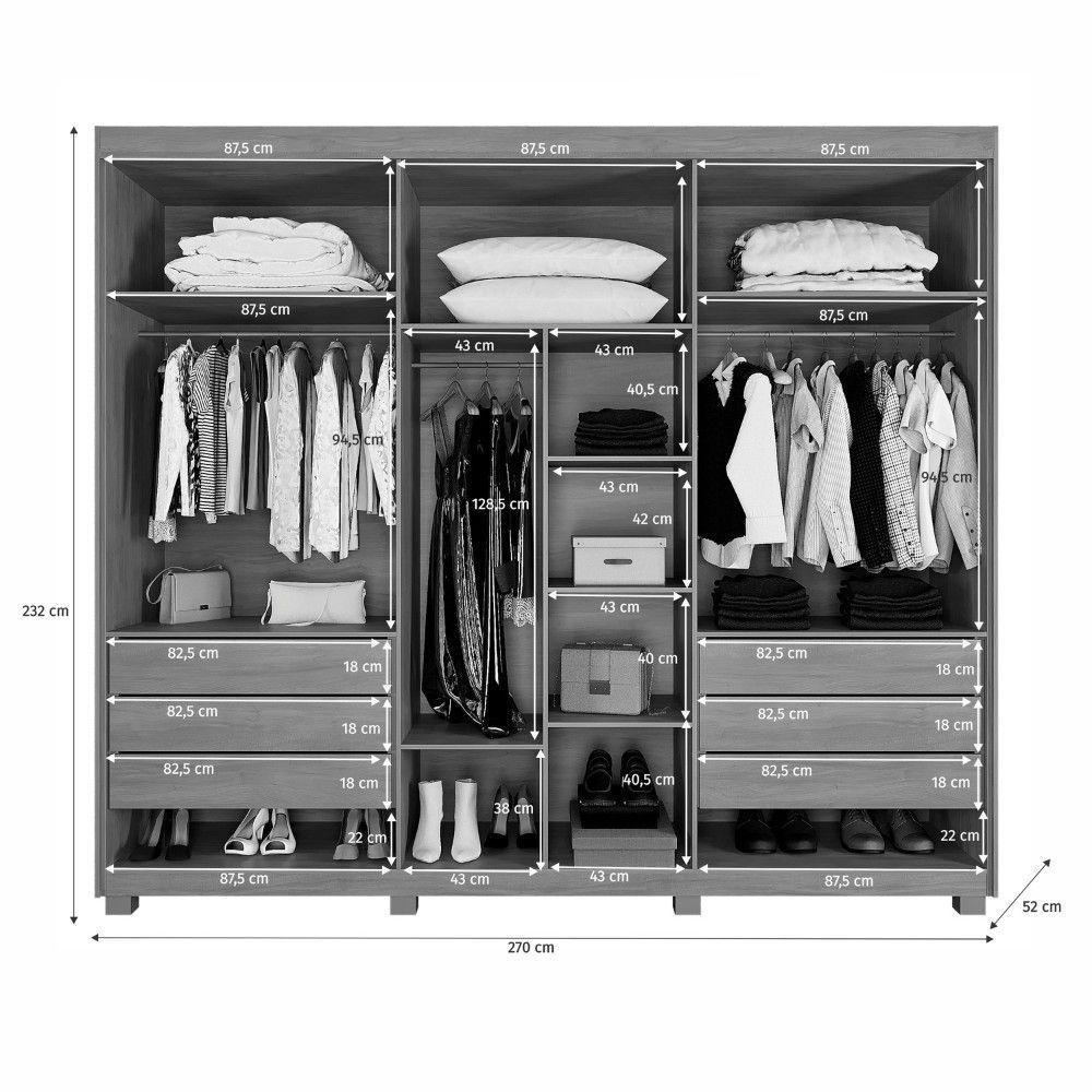 Guarda Roupa Siena 3 Portas Ripado 6 Gavetas 9 Prateleiras Cinamomo-off Flex - 6