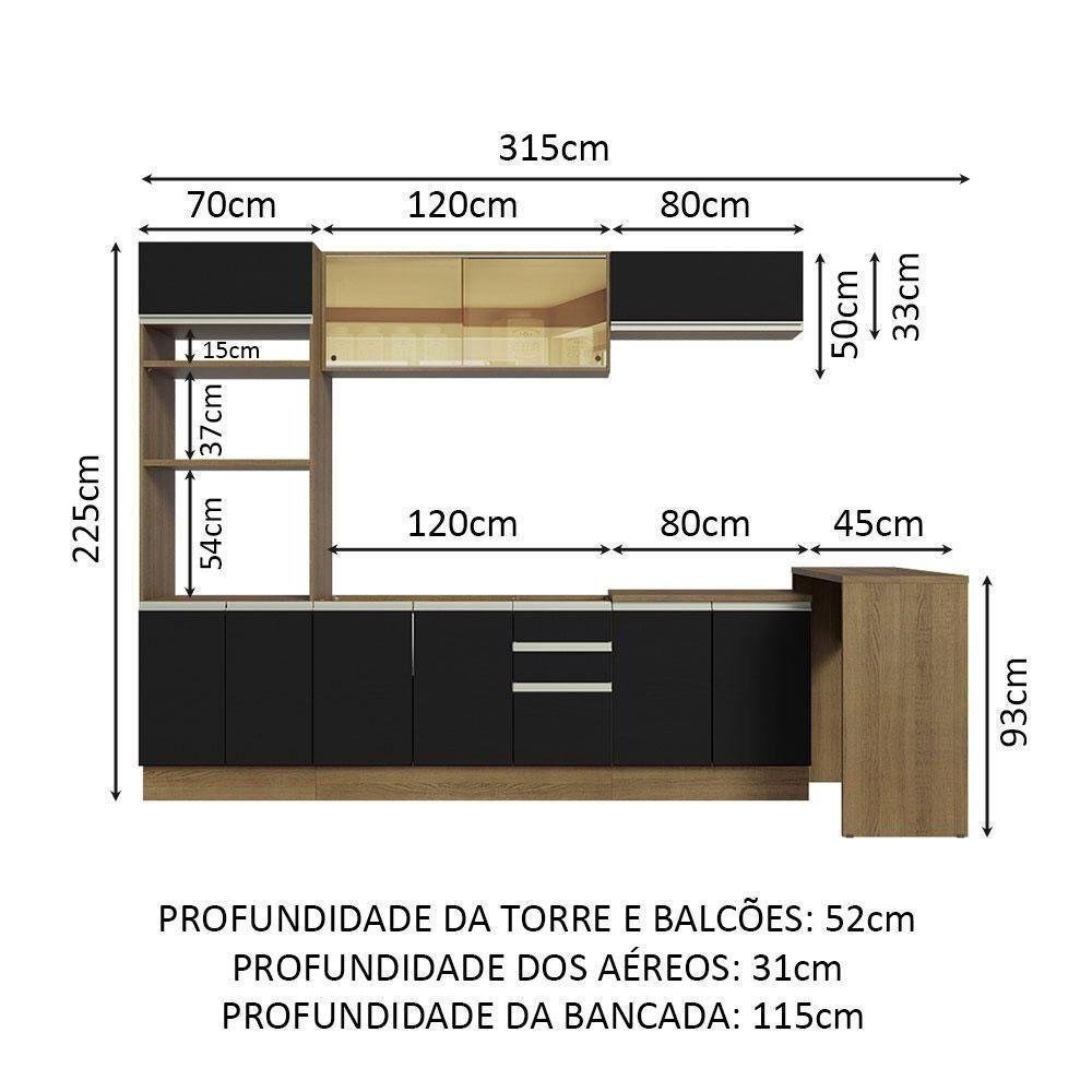 Cozinha 315001 Com Armário, Balcão E Bancada Rustic/Preto - 9
