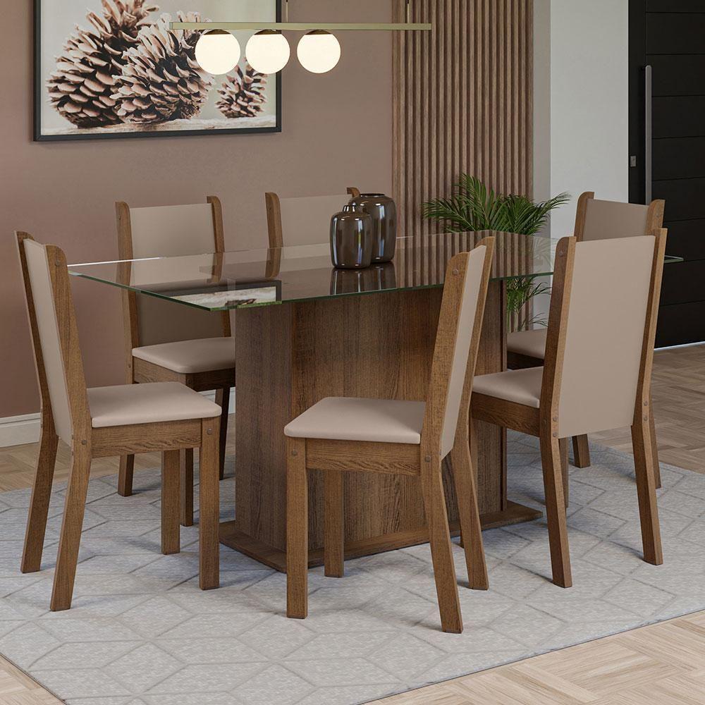 Conjunto Sala De Jantar Mesa Tampo De Vidro 6 Cadeiras Rustic/crema/sintético Bege Yolanda Madesa Rustic/crema/sintético Bege - 1
