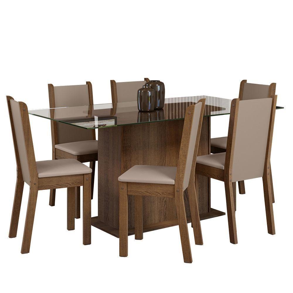 Conjunto Sala De Jantar Mesa Tampo De Vidro 6 Cadeiras Rustic/crema/sintético Bege Yolanda Madesa Rustic/crema/sintético Bege - 9