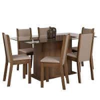 Conjunto Sala De Jantar Mesa Tampo De Vidro 6 Cadeiras Rustic/crema/sintético Bege Yolanda Madesa Rustic/crema/sintético Bege - 9