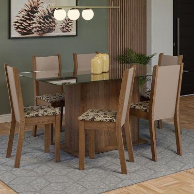 Conjunto de Jantar Yolanda 6 Lugares Tampo de Vidro com Cadeiras em MDF Bege Marrom 160x90cm