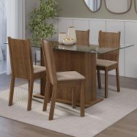 Conjunto Sala De Jantar Mesa Tampo De Vidro 4 Cadeiras Rustic/sintético Bege Espanha Madesa Rustic/sintético Bege - 1