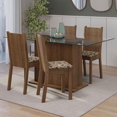 Conjunto Jantar Espanha 4 Lugares Tampo Vidro com Cadeiras Estofadas Rustic Bege Marrom