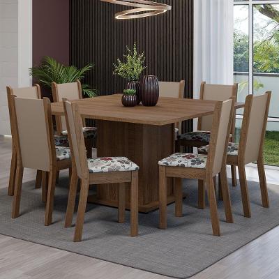 Conjunto de Jantar Marisa 8 Lugares Tampo em MDP com Cadeiras Estofadas Rustic Crema Hibiscos