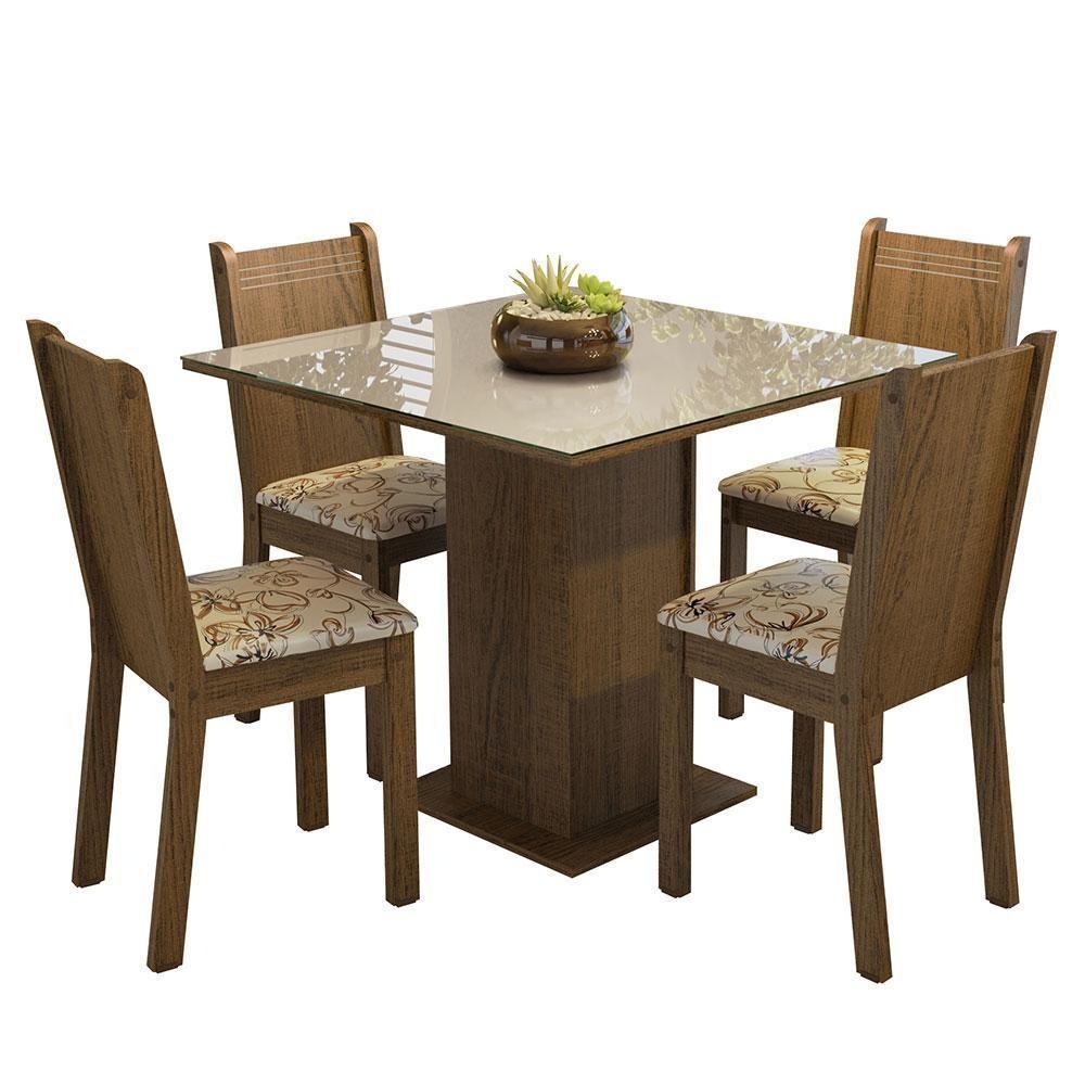 Conjunto Sala De Jantar Mesa Tampo De Vidro 4 Cadeiras Rustic/crema/lírio Bege - 9
