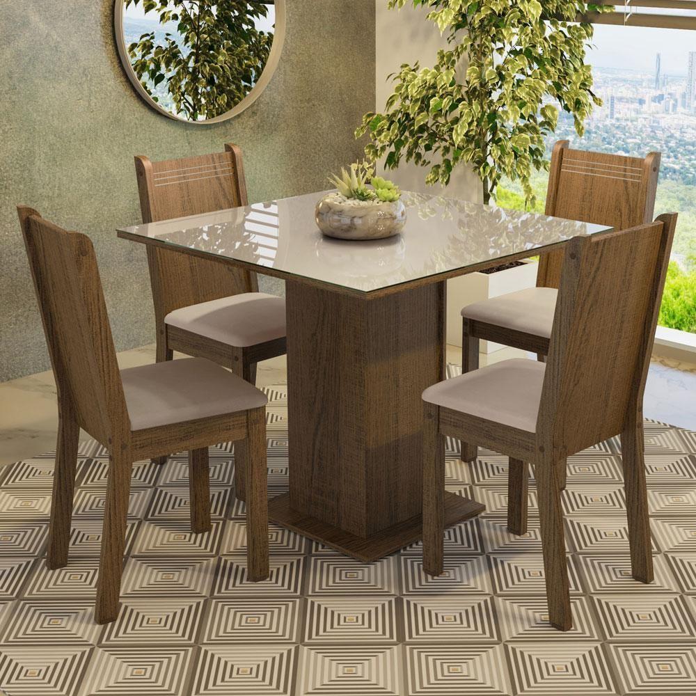 Conjunto Sala De Jantar Mesa Tampo De Vidro 4 Cadeiras Rustic/crema/sintético Bege - 1