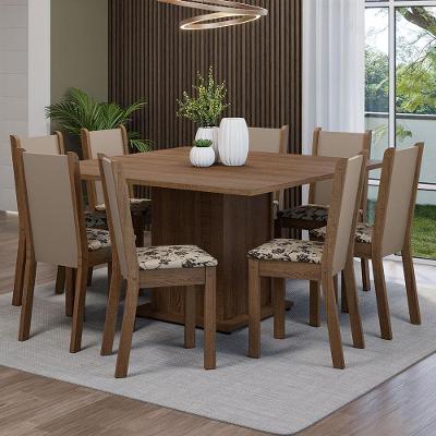 Conjunto Sala de Jantar Marisa 8 Lugares Mesa com Tampo em MDP e Cadeiras Estofadas Bege Marrom