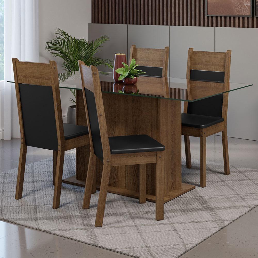 Conjunto Sala De Jantar Mesa Tampo De Vidro 4 Cadeiras Rustic/preto Savana Madesa Rustic/preto - 1