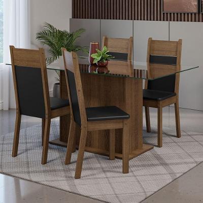 Conjunto Sala de Jantar Savana 4 Lugares Tampo de Vidro com Cadeiras Estofadas Rustic-preto