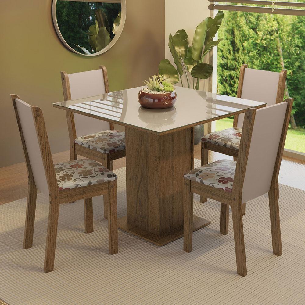 Conjunto Sala De Jantar Mesa Tampo De Vidro 4 Cadeiras Rustic/crema/hibiscos - 1