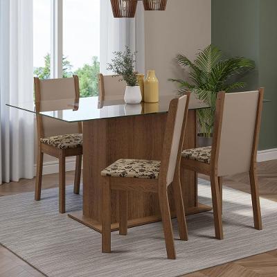Conjunto de Jantar Yara 4 Lugares Tampo de Vidro com Cadeiras Estofadas Marrom Bege