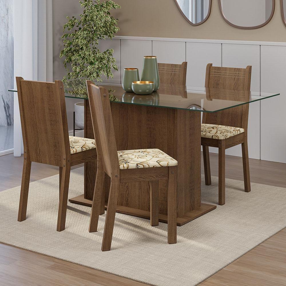 Conjunto Sala De Jantar Mesa Tampo De Vidro 4 Cadeiras Rustic/lírio Bege Espanha Madesa Rustic/lírio Bege - 1