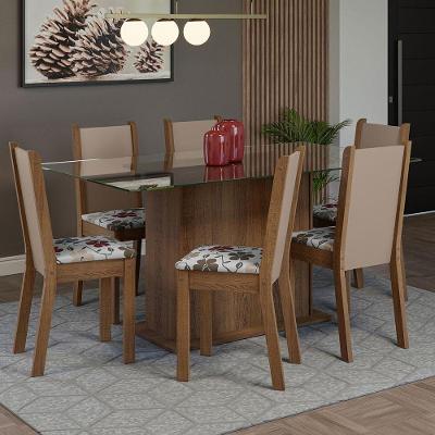Conjunto de Jantar Yolanda 6 Lugares Tampo de Vidro com Cadeiras Floral Hibiscos Rustic Crema