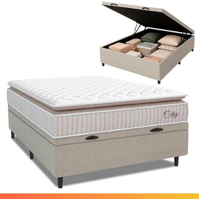 Cama Box Baú Colchão Casal Molas Ensacadas City Pillow Top 138x64cm Branco/Bege Hellen