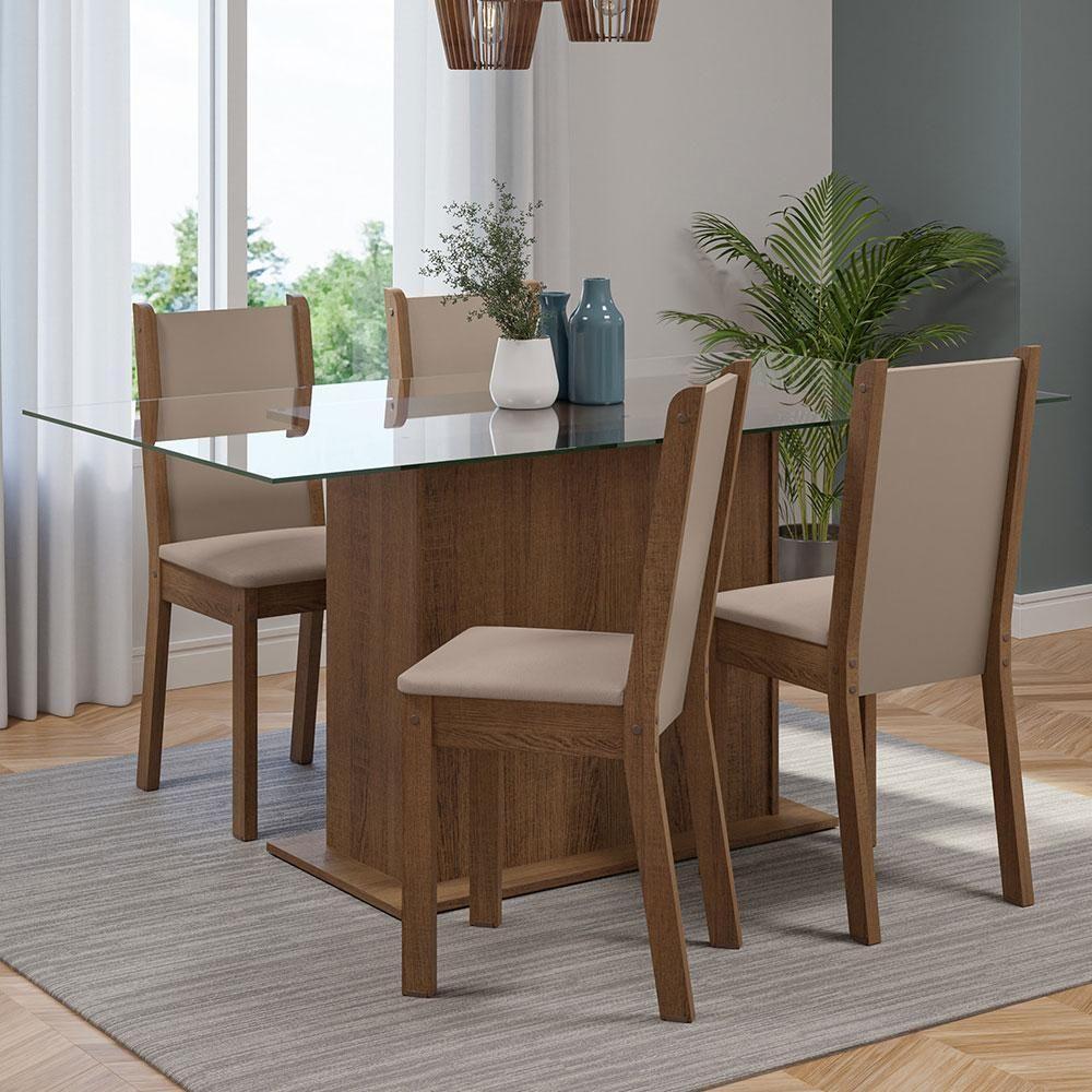 Conjunto Sala De Jantar Mesa Tampo De Vidro 4 Cadeiras Rustic/crema/sintético Bege Yara Madesa Rustic/crema/sintético Bege - 1