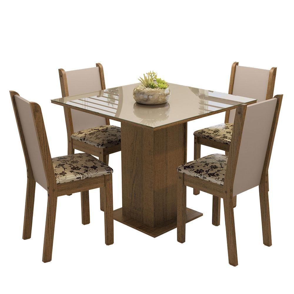 Conjunto Sala De Jantar Mesa Tampo De Vidro 4 Cadeiras Rustic/crema/bege Marrom - 6