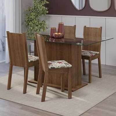 Conjunto de Jantar Espanha 4 Lugares Tampo de Vidro com Cadeiras Estofadas Floral Hibiscos Marrom