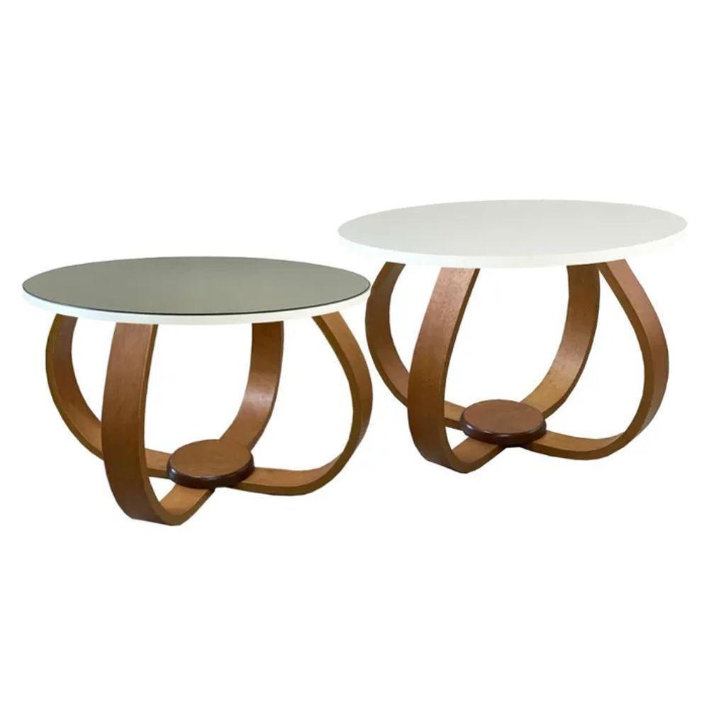 1/3 Conjunto Mesa De Centro E Lateral Pés Cebola Composê Espelhada Branco Branco - 1