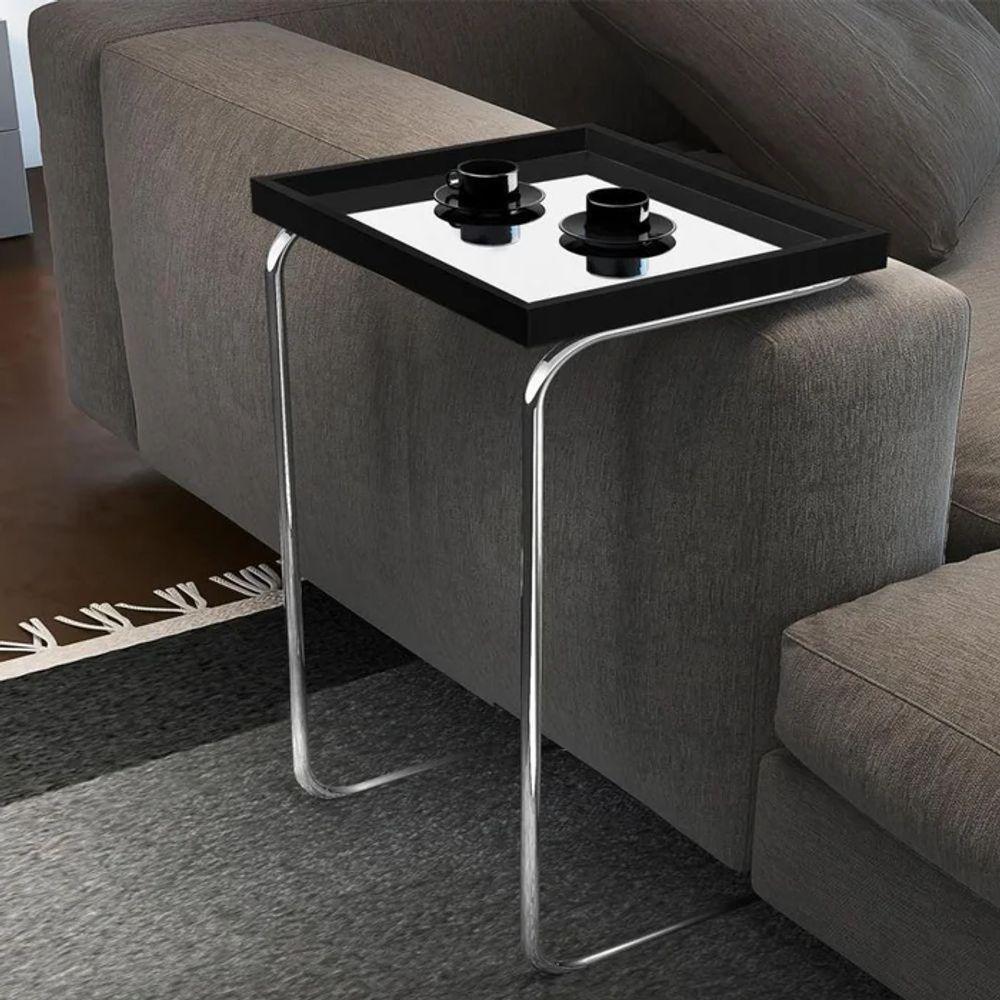 Mesa De Apoio P- Sofá Bandeja Espelhada Laca Preta Base Cromada Preto - 1