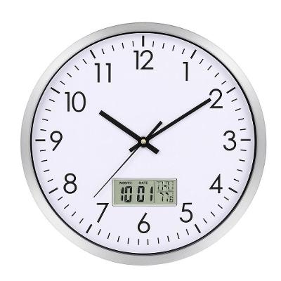 Relogio Parede Luxo Com Display Digital Temperatura Calendario Para Escritorio Sala Consultorio Despertador Prata
