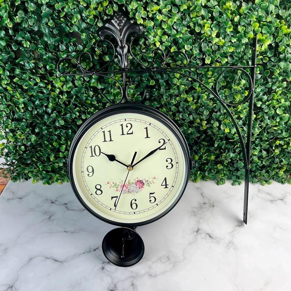 Relógio Retrô Com Sino Estação Trem Dupla Face Floral Preto - 2