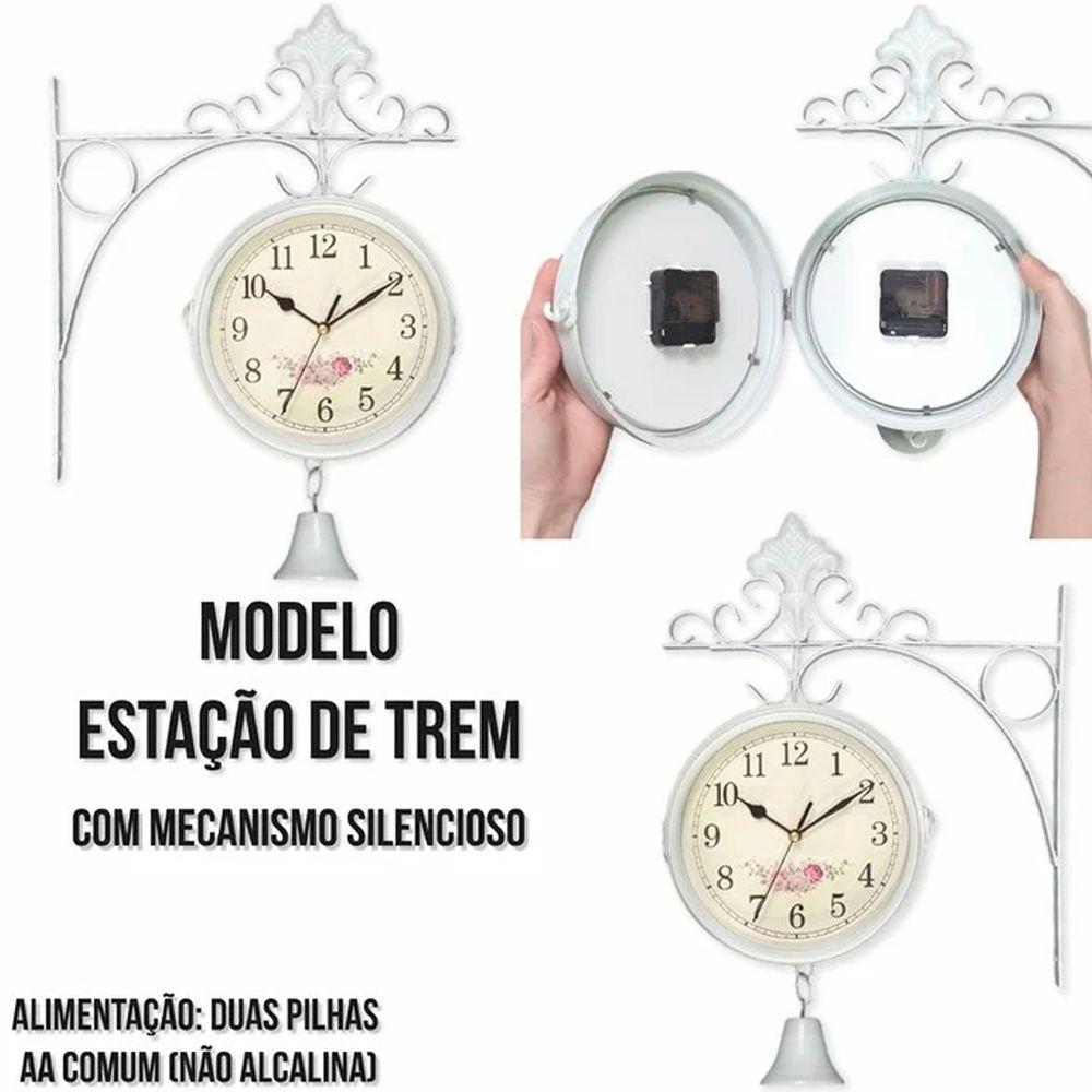 Relógio Com Sino Estação Trem Dupla Face Retrô Floral Branco - 4