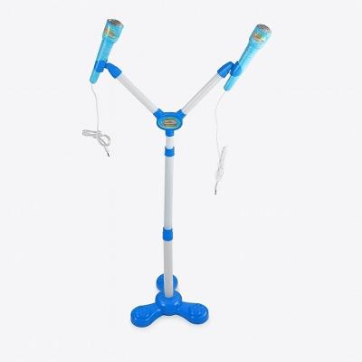Kit Microfone Infantil Duplo Com Pedestal Conecta No Celular Som E Luz De Led Karaoke Rock Hero Squad Menino