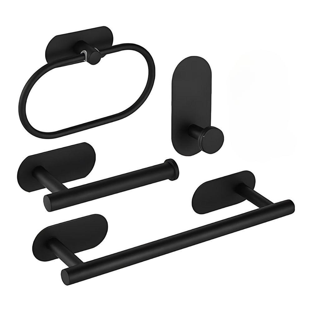 Kit Acessorios Banheiro Aço Inox Autoadesivo 4 Peças Preto - 1