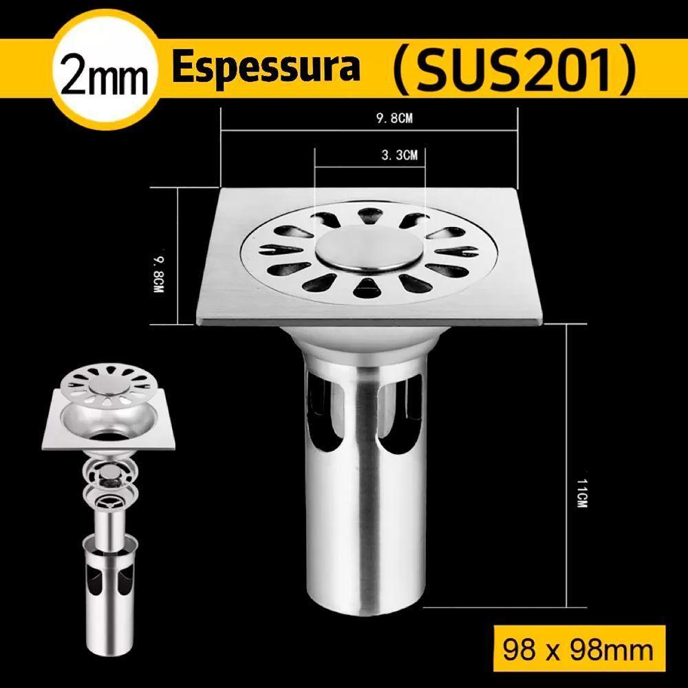 Ralo Inox 201 Inteligente 10x10cm Sem Mau Cheiro Tampa 2mm - 8