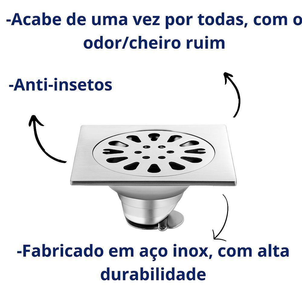 Ralo Banheiro Quadrado 10x10cm Aço Inox Anti Odores Insetos - 5
