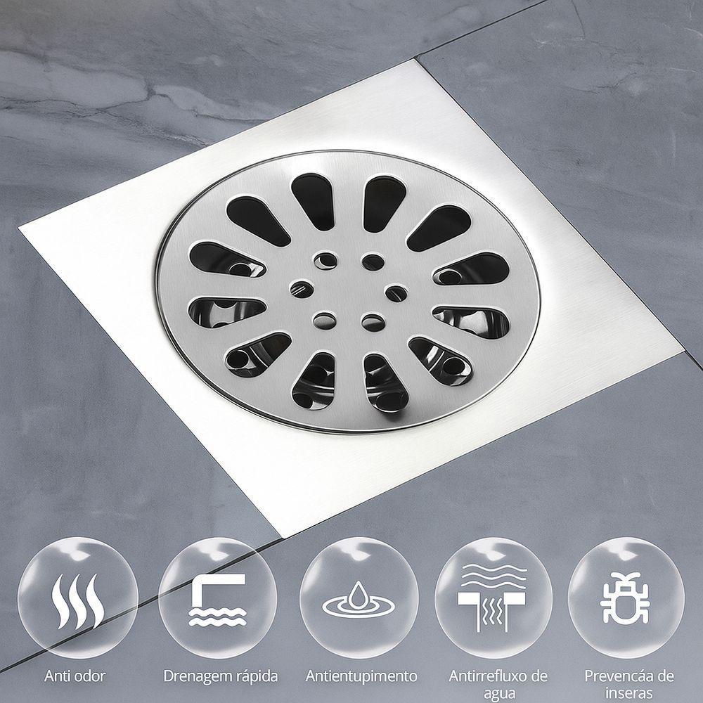Ralo Banheiro Quadrado 10x10cm Aço Inox Anti Odores Insetos - 7