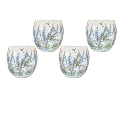 Jogo 4 Copo Redondo Baixo Para Drink água E Suco 345ml Decorado Lavanda