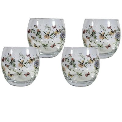 Jogo 4 Copo Redondo Baixo Para Drink água E Suco 345ml Decorado Borboleta