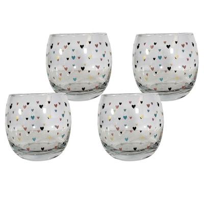 Jogo 4 Copo Redondo Baixo Para Drink água E Suco 345ml Decorado Mini Coração