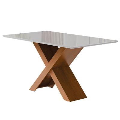 Mesa Sala de Jantar Grécia Retangular Tampo MDF com Vidro 160cm Off White Estrutu